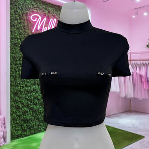 New XXS Black Real Faux Nipple Piercing Bar Crop Top Goth Edgy Silver Metal Fake